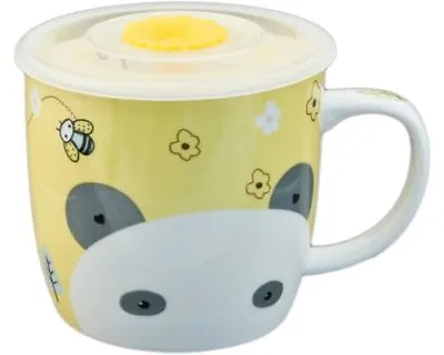 PANDA Coffee Mug Tea Cup Ceramic With Lid 16 Ounce Gift Yellow Bees  • $17.95