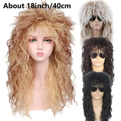 Unisex Men Wig 80s Punk Long Curly Hair Halloween Rock Wig Cosplay Party Costume • $23.88