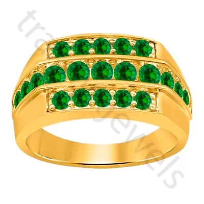 1.50 Ct Created Green Emerald 14K Yellow Gold Over Stepped Triple Row Men's Ring • $150.75