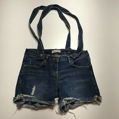 $15.99 • Buy 21 Denim Shorts Womens Size 26 Cut Off Cuffed Distressed Suspenders Dark Wash