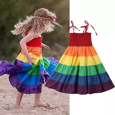 Child Girl Dress Outfit Camisole Skirt Summer Rainbow Colorful Printed Casual • £4.16