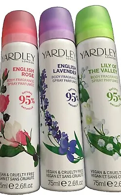Yardley Body Sprays X 3 English Lavender Lily Of The Valley Rose 3 X 75ml • £10.92
