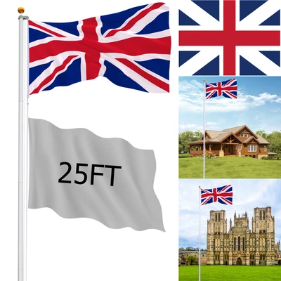 £39.95 • Buy New 7.5M / 25FT Aluminum Telescopic Flag Pole UK Flagpole Gold Ball Kit Set UK