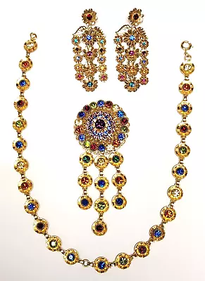Vtg Multicolor Rhinestone Brooch Pendant Necklace Zoe Coste Chandelier Earrings • $375