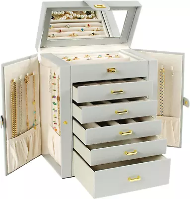 Large Jewelry Box Organizer Functional Lockable With Big Mirror Leather Jewelry • $95.62