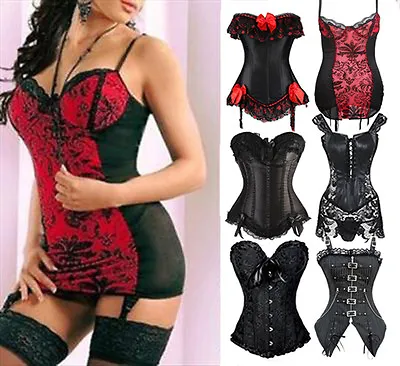 Women Bustier Burlesque Boned Corset Top Dress Basque Lingerie Body Shaper Dress • £18.79