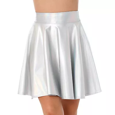 Women's Metallic Stretchy Flared Mini Skater Skirt Holographic Pleated Skirts • £16.55