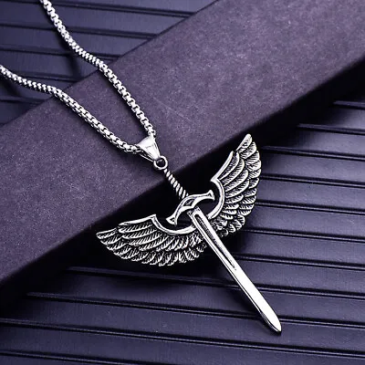  Mens Archangel Michael Angel Wing Sword Necklace Pendant Stainless Steel • $9.99