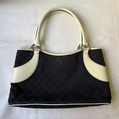 GUCCI Handbag Black Monogram Canvas White Leather Vintage Tote Shoulder Bag • $450