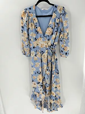 Women's  Miami Blue Beige Floral Wrap Ruffle Wrap Dress Size S • $21.99