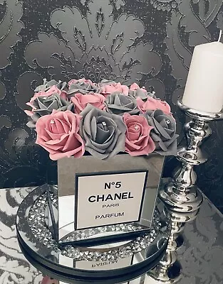 Designer  Mirror Glass Cube Vase Foam Pink And Grey Roses Large • £35