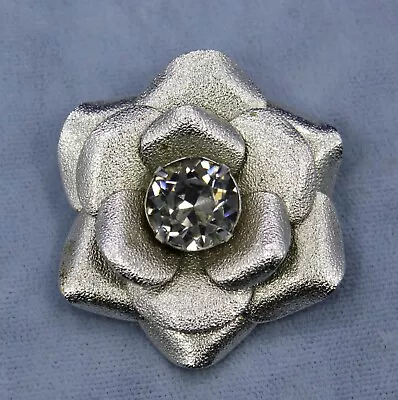 Vintage Silver-tone ROSE Brooch 1 1/4  Rhinestone Center • $5.95