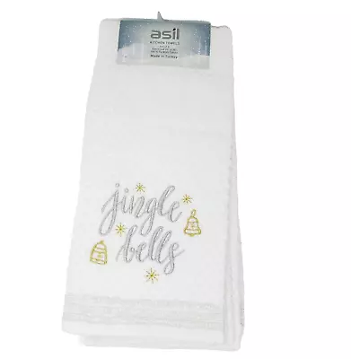 Kitchen Towels Set Of 2 Dish Hand Silver & Gold Jingle Bells On White Christmas • $15.95