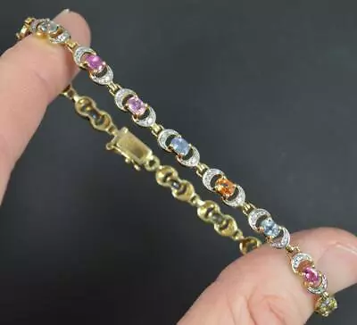 Beautiful Natural Multi Colour Sapphire And Diamond 9ct Gold 8  Long Bracelet • £445