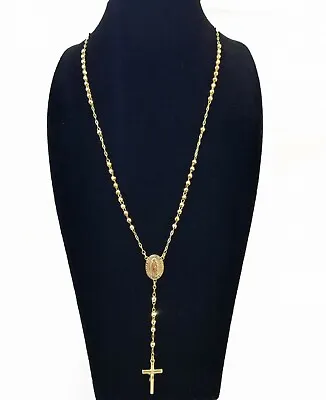 $344.98 • Buy Real 10k Rosary Yellow Gold Diamond Cut Jesus Crucifix Necklace 18  Diamond Cuts