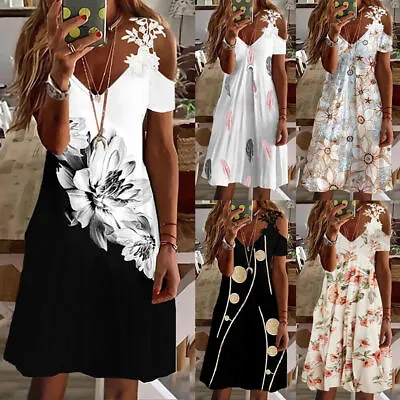 $25.36 • Buy LadiesCold Shoulder Tank Dress Summer Casual Short Sleeve Party Tunic Sundress