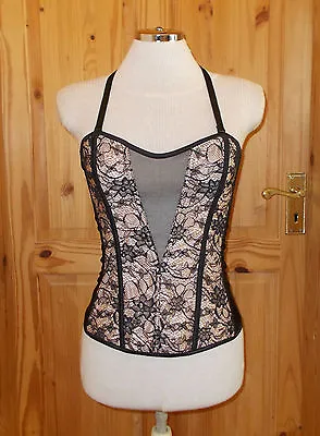 Ann Summers Black Nude Lace Satin Stretch Corset Basque Halterneck BNWT 10 36 • £8