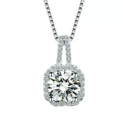 Sparkling 925 Sterling Silver 8mm CZ CZ Halo Pendant Chain Necklace Women Gift • £3.96