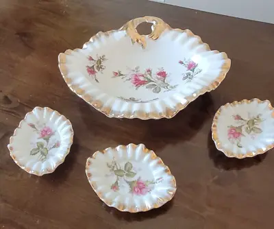 Vintage Moss Rose China Floral Candy Dish With 3 Nut Dishes Gold Ruffled Edges • $24.99