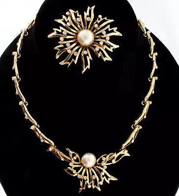 Vtg CHRISTIAN DIOR By Mitchell Maer Flower Pearl Rhinestone Necklace & Pin SET • $675