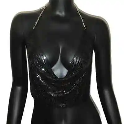 Metal Sequined Halter Women Sexy V Neck Backless Chain Plunge Tank Vest Crop Top • $12.85