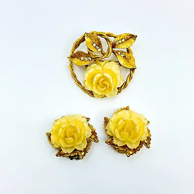 VTG BSK Demi Parure Carved Flower Rhinestone Brooch Earrings Clip On Gold Tone • $54.95