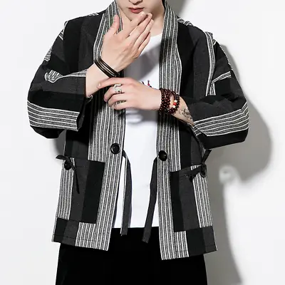 Men Striped Kimono Cardigan Coat Jacket Japanese Vintage Haori Yukata Loose Tops • £26.99