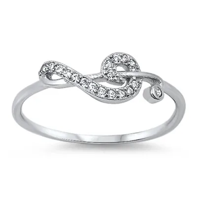 Sideways Clef Note Music Ring White CZ New .925 Sterling Silver Band Sizes 4-12 • $13.29