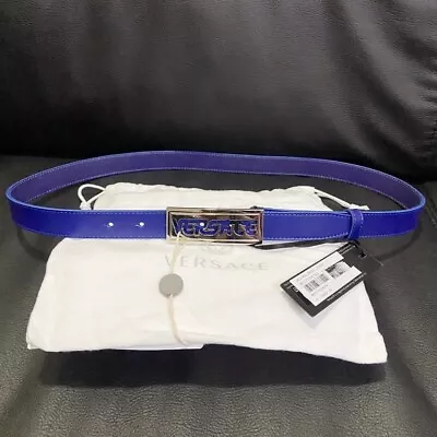 NWT VERSACE Silver Logo Plate Leather Belt Cobalt Blue Sz 40 / 100cm • $168