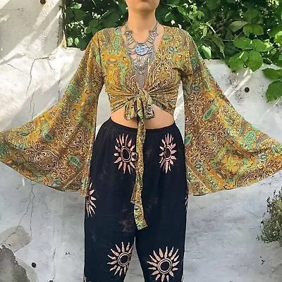 Wholesale 5 Pc Indian Vintage Silk Sari Bell Sleeve Crop Top Retro 60s Clothing • $108.68