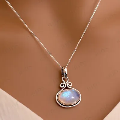 925 Sterling Silver Natural Moonstone Oval Pendant Women Chain Necklace Boxed • £22.99