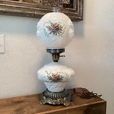 Vtg Style Parlor Milk Glass Embossed Roses Brass GWTW 3-Way Electric Lamp • $150