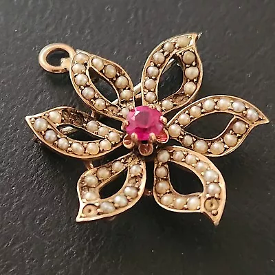 10K GOLD Vintage Brooch Pin Pendant Ruby ? Seed Pearl (FewMissing) 3.9 Grams 172 • $0.99