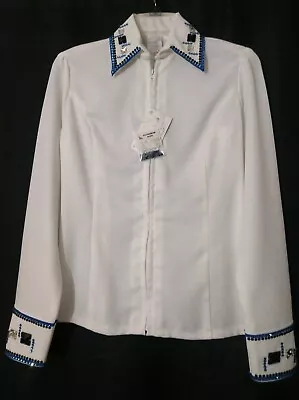 Western All Day Rail HMS SMS Horse Show Day Shirt White MD Blue & Black Crystals • $265