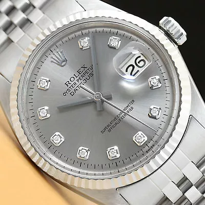 Mens Rolex Datejust Gray Diamond Dial 18k White Gold & Stainless Steel Watch • $4299