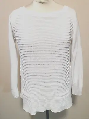 White Knitted Jumper W/ Small Front Pockets & Zip Back Preloved Size Approx. 14 • £5.95