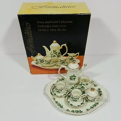 Mini Christmas Teaset 10 Pc Holiday Holly Porcelain Gold Small Creamer Sugar Cup • $19