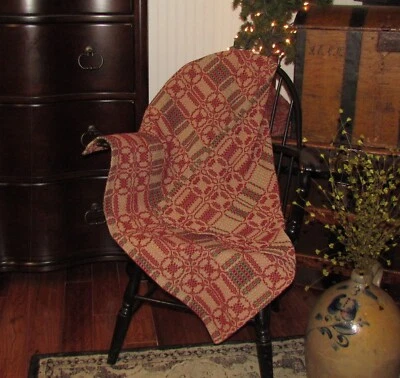 $24.95 • Buy Prim Antique Vtg Style Red Green Tan Cotton Woven 32  COVERLET Square RQ30RGSS