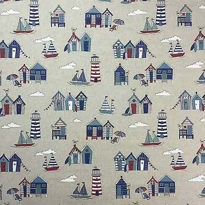 £9.49 • Buy Beach Huts Design Cotton Rich Linen Fabric Curtaining & Upholstery 54  Width