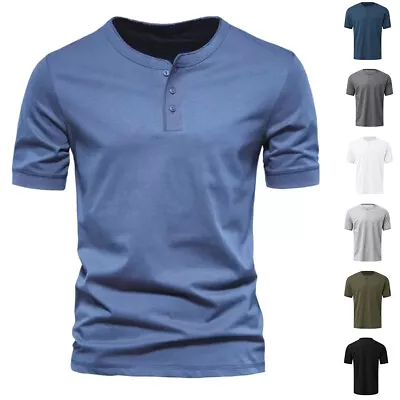 Mens Henley Grandad Solid T Shirts Tee Summer Short Sleeve Casual Loose Top 38 • £11.09