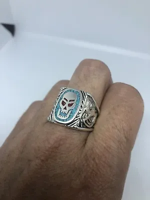 1980's Vintage Silver White Bronze Size 8 Turquoise Stone Inlay Skull Ring • $55