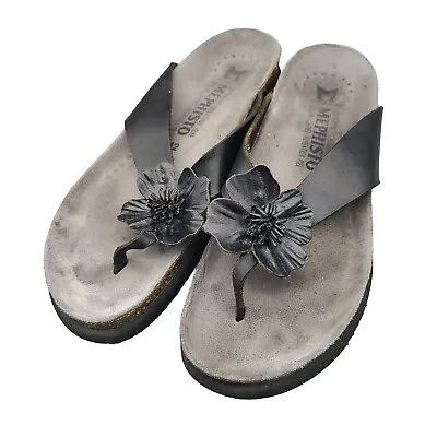 Mephisto Women Sandals Thong Flat Shoes Violette Black Leather Flower  US 12 42 • $42