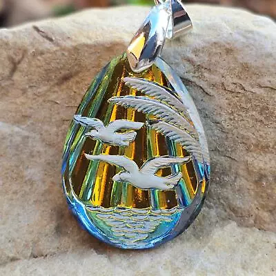 Stunning Metallic Vintage Glass Intaglio Necklace Pendant -Beach Palm Trees • $20