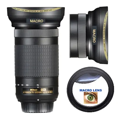 WIDE ANGLE LENS + MACRO FOR Nikon AF-P DX NIKKOR 70-300mm F/4.5-6.3G ED Lens • $57.88