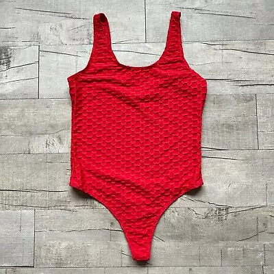 Vintage 80s High Leg Cut Red Textured Leotard Bodysuit One Piece Work Out Buzz L • $39.99