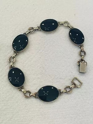 Sterling Silver Symmetalic Onyx Black Oval Stone Vintage Bracelet 7.5 Inches • $24.99