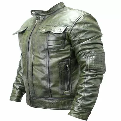 New Mens Genuine Sheep Skin Leather Fashion Jacket Green 2 Buttoned Chest Pocket • $99.99