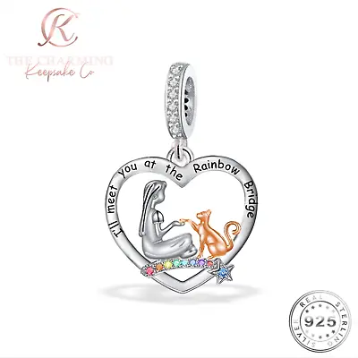 Cat I'll Meet You At The Rainbow Charm 925 Sterling Silver - Memorial Gift • £16.99