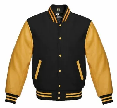 £106.99 • Buy New Letterman Baseball College Varsity Jacket With Real Gold Leather Sleeves