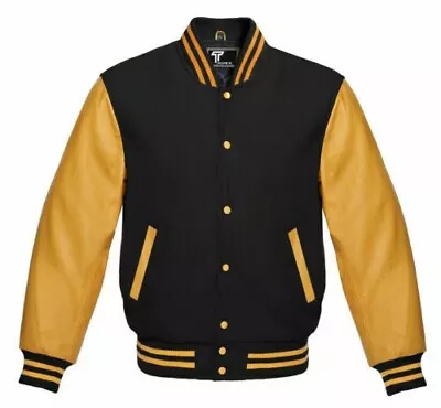 New Letterman Baseball College Varsity Jacket With Real Gold Leather Sleeves • £79.99